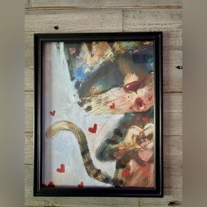 Whimsical Cat Art Print with Red Hearts